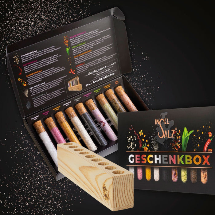 SET - "Geschenkbox" 9 Röhrchen edle Salze & Pfeffer + passender Gewürzständer