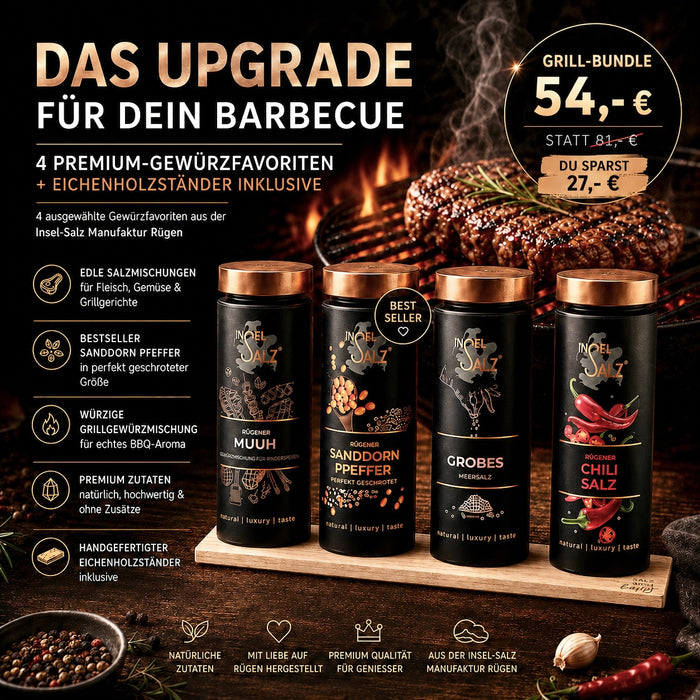Dünengrill & Meeresfeuer – Das Grill- & Barbecue 4er-Set auf Eichenholz